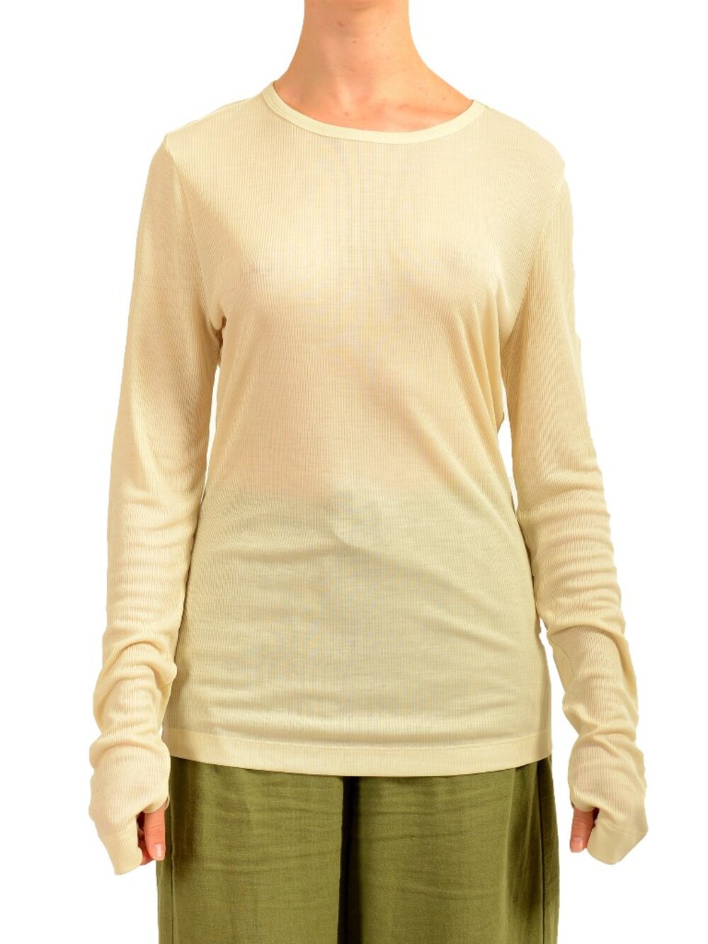 Hugo Boss X Naomi Campbell Women's Beige Ribbed Long Sleeve T-Shirt US XL IT 46